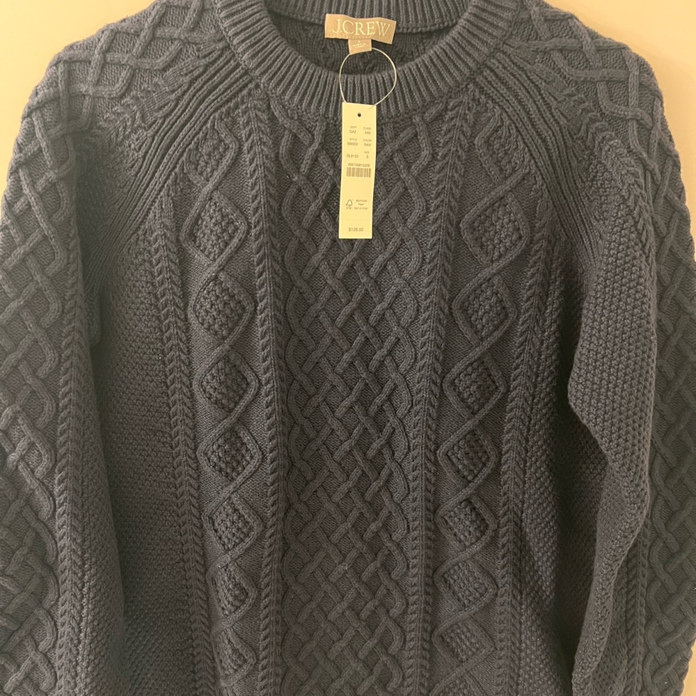 J. Crew Navy Blue Crewneck Sweater with Cable Knit Design